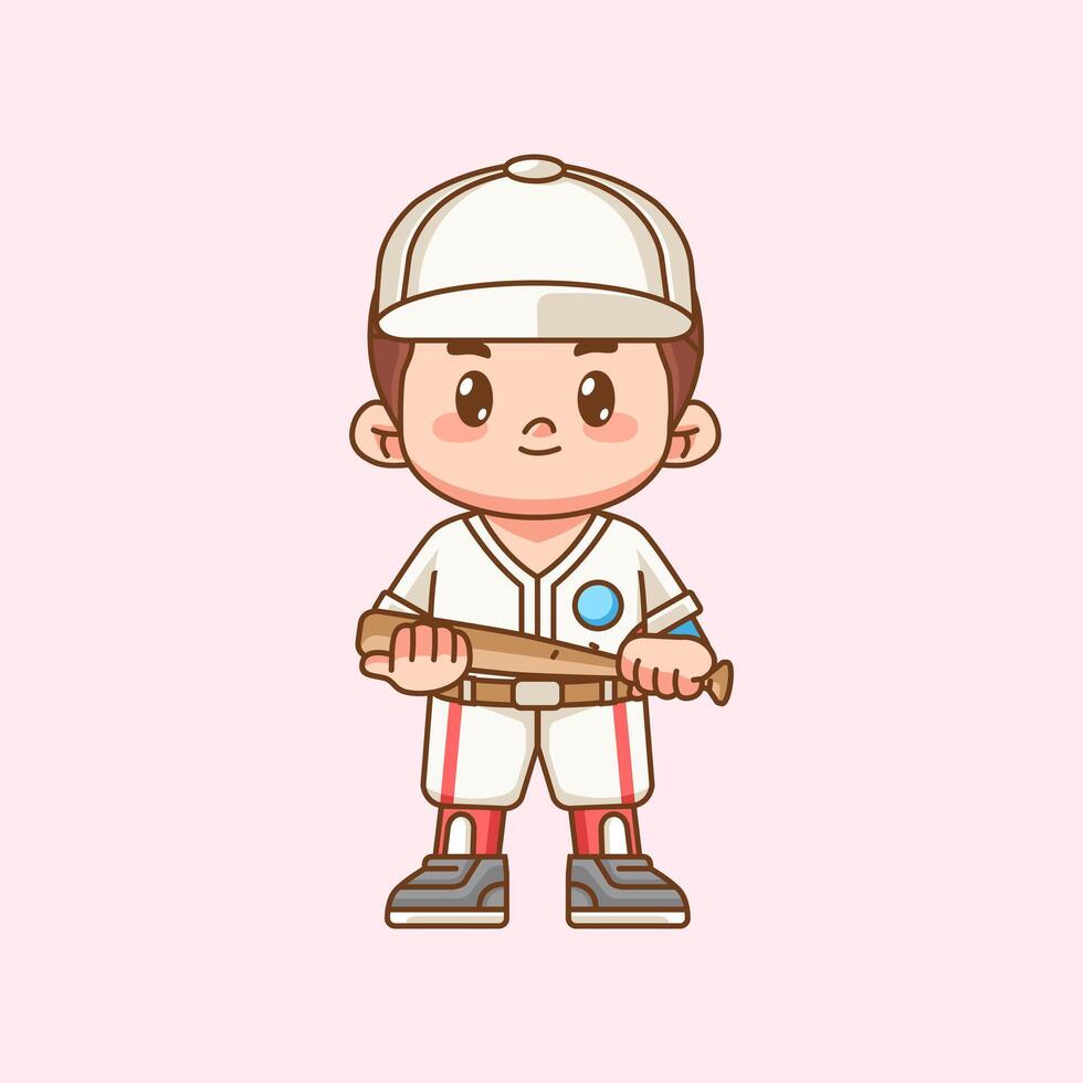 Cute Baseball player hold ball kawaii chibi character mascot illustration outline style design vector