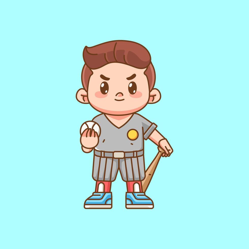 Cute Baseball player with bat and ball kawaii chibi character mascot illustration outline style design vector
