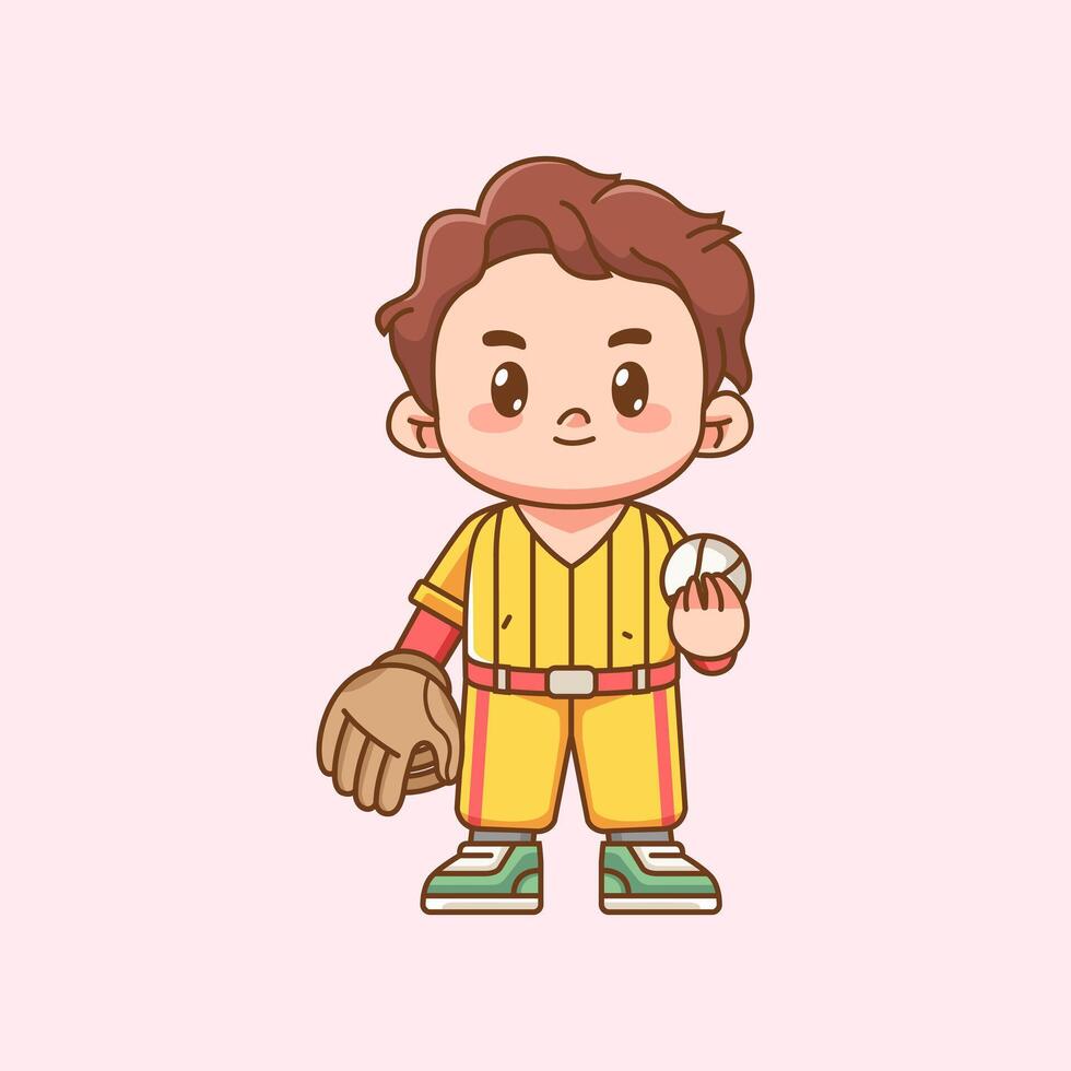 Cute Baseball player hold ball kawaii chibi character mascot illustration outline style design vector