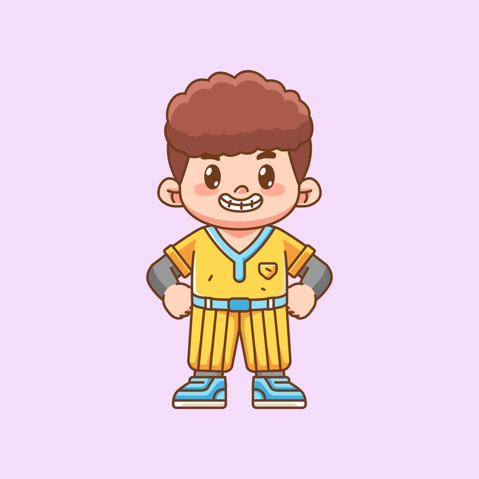Cute Baseball player pose kawaii chibi character mascot illustration outline style design vector