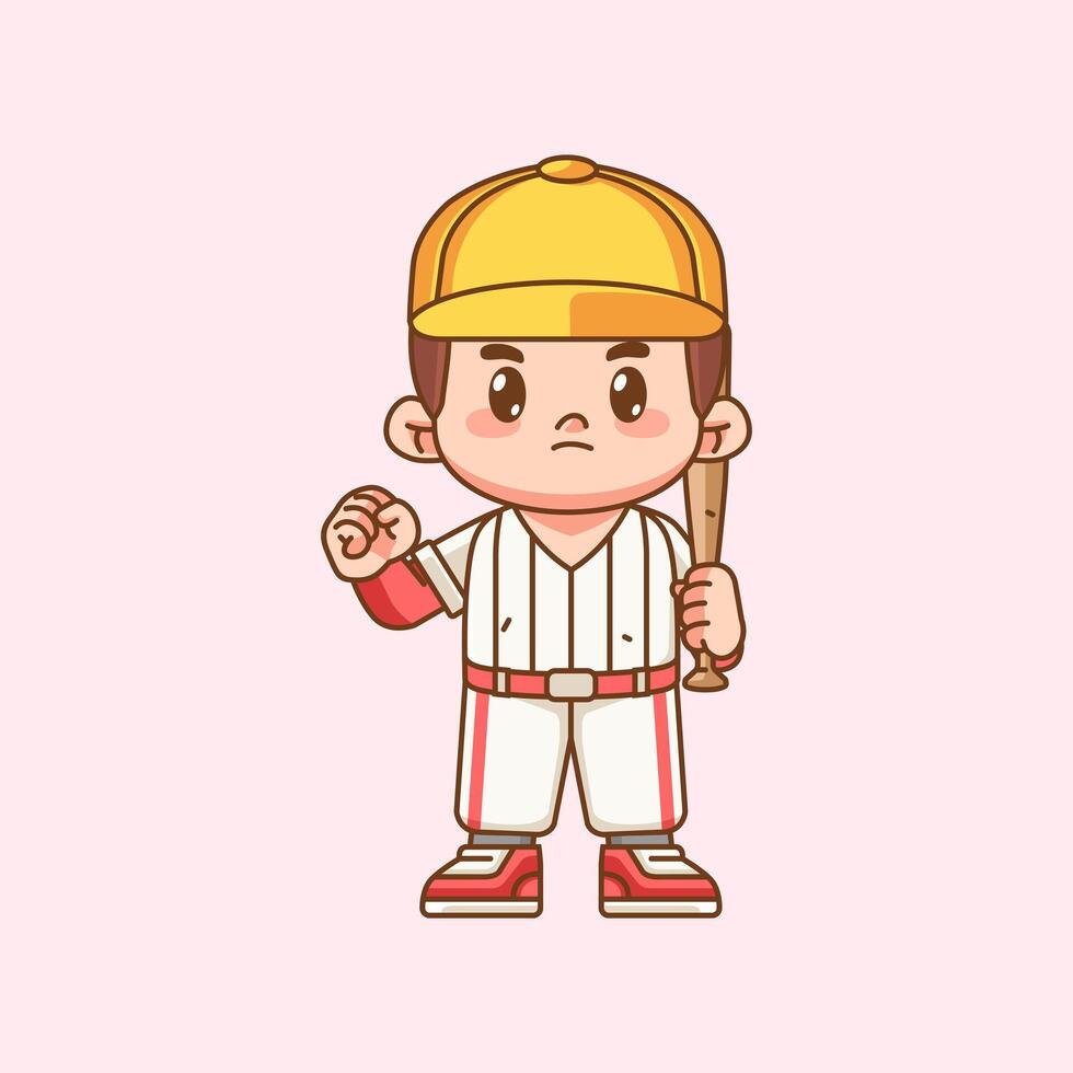 Cute Baseball player cheer kawaii chibi character mascot illustration outline style design vector