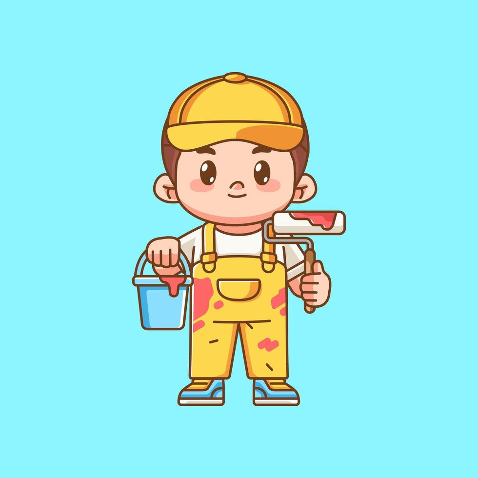 Cute painter service hold bucket and roller kawaii chibi character mascot illustration outline style design vector