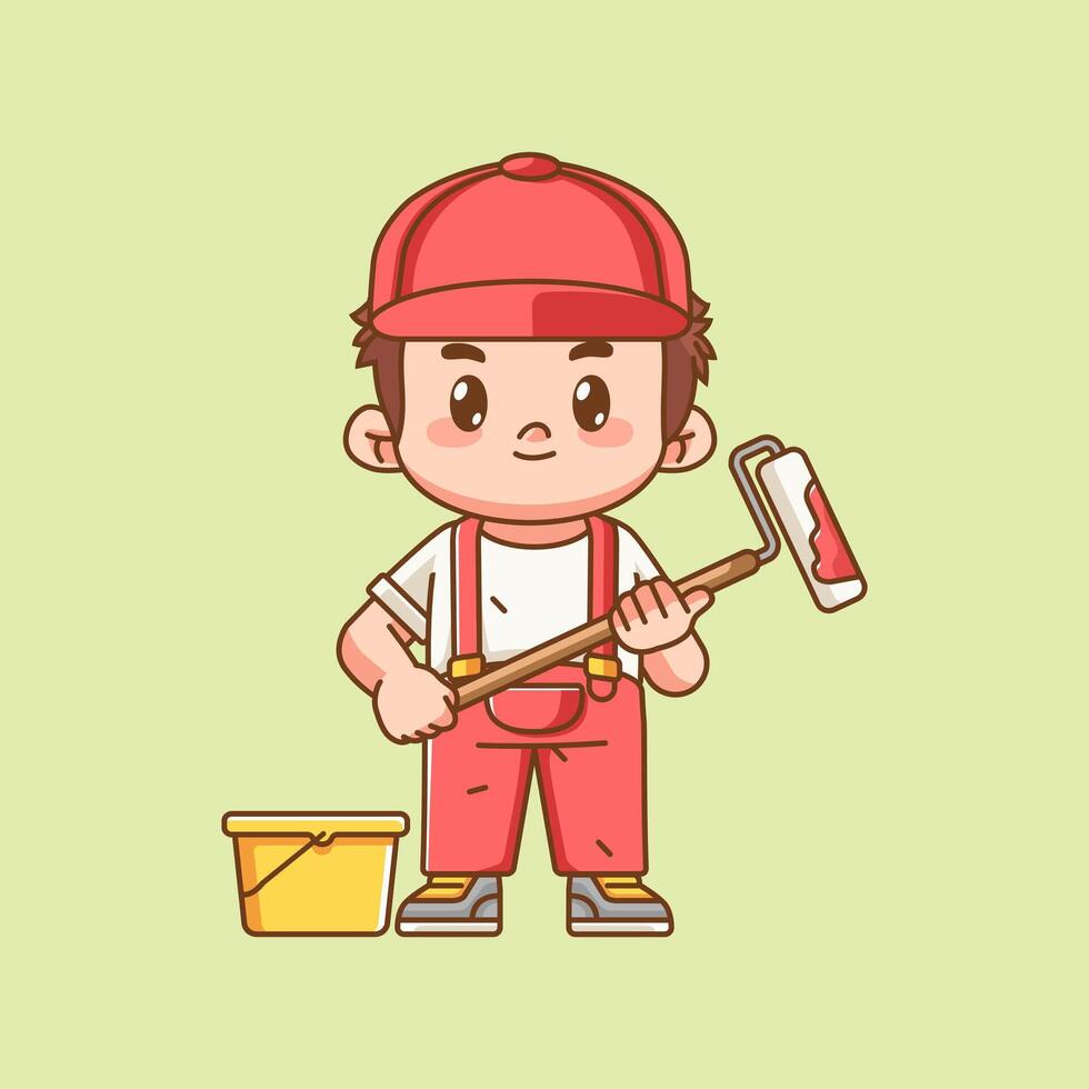 Cute painter service hold roller kawaii chibi character mascot illustration outline style design vector