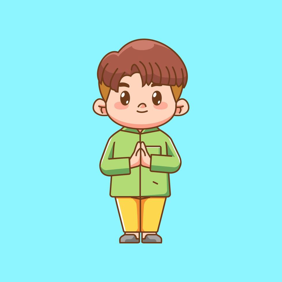 Cute muslim boy child both hand apologize kawaii chibi character mascot illustration vector