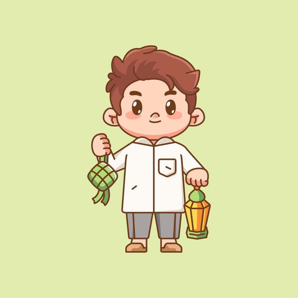 Cute muslim boy hold lantern and ketupat kawaii chibi character mascot illustration outline style design vector