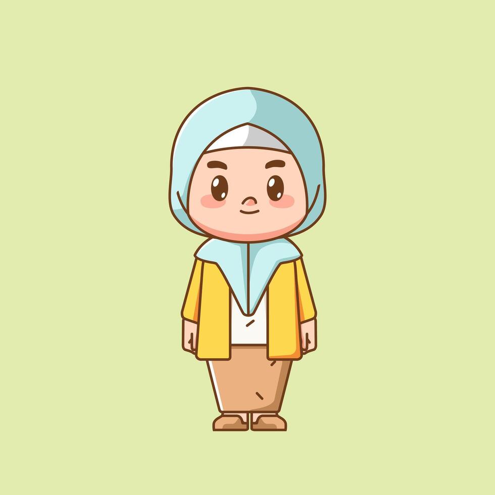 Cute stand muslim girl child kawaii chibi character mascot illustration outline style design vector