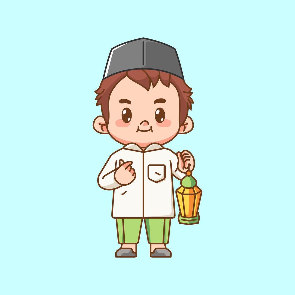 Cute muslim boy hold lantern kawaii chibi character mascot illustration outline style design vector