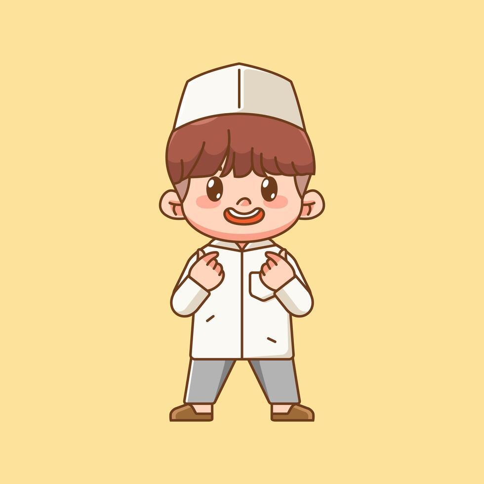 Cute muslim boy love gesture kawaii chibi character mascot illustration outline style design vector