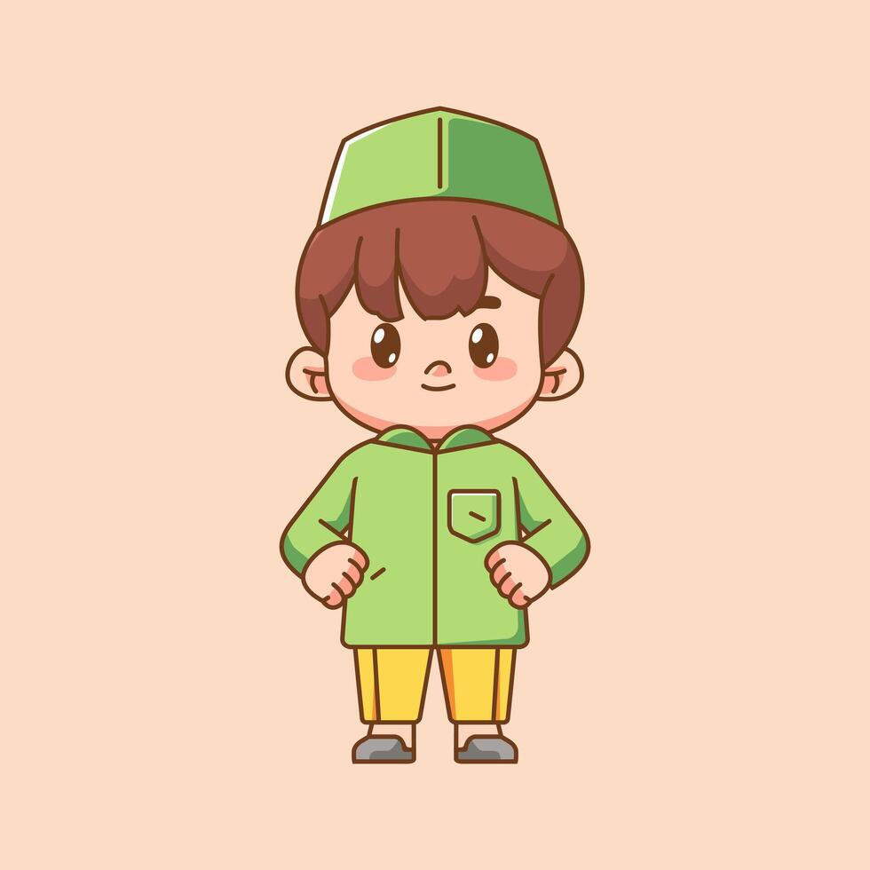 Cute muslim boy stand pose child kawaii chibi character mascot illustration outline style design vector