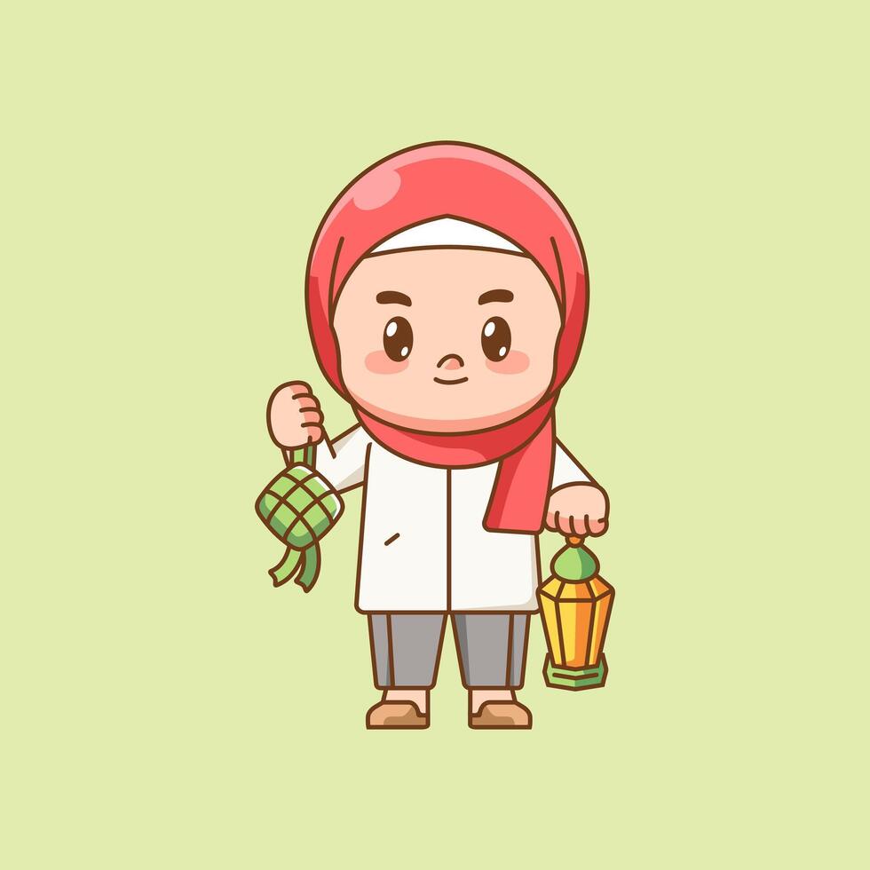 Cute muslim girl holding lantern and ketupat kawaii chibi character mascot illustration outline style design vector