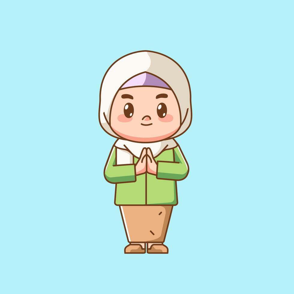 Cute muslim girl child both hand apologize kawaii chibi character mascot illustration vector