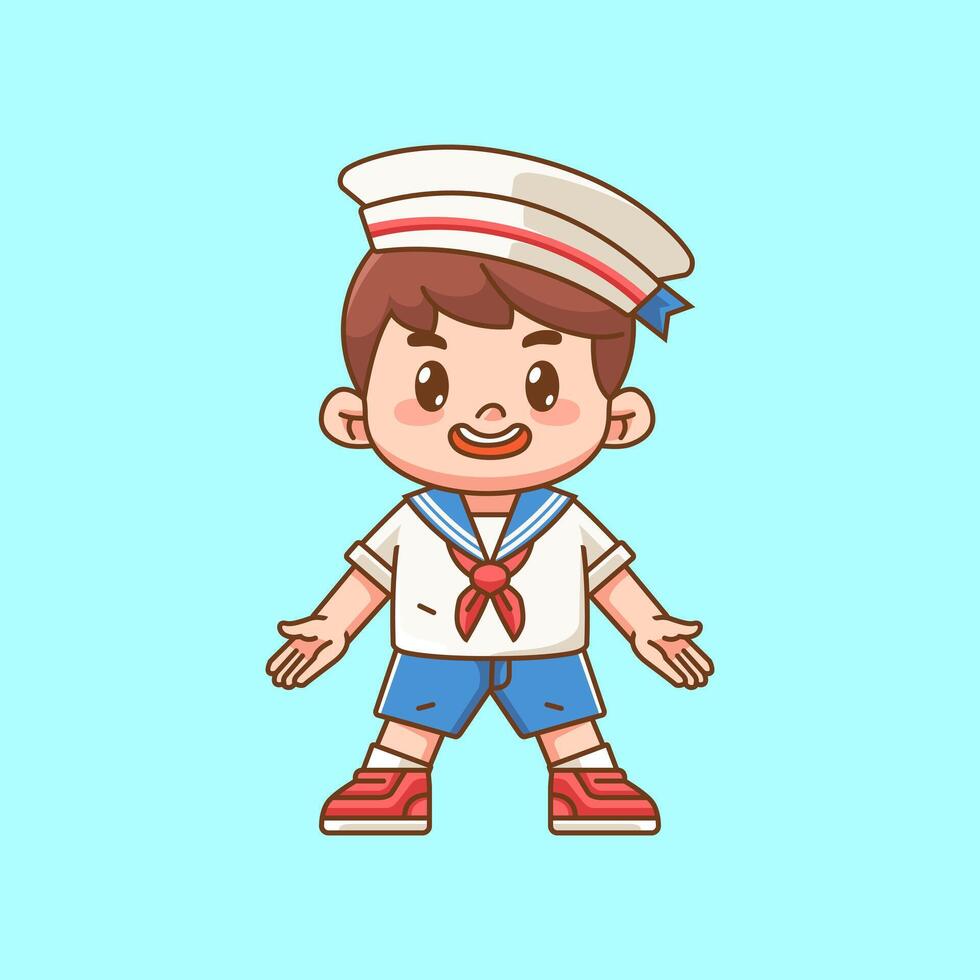 Cute happy boy wear sailor uniform kawaii chibi character mascot illustration outline style design vector