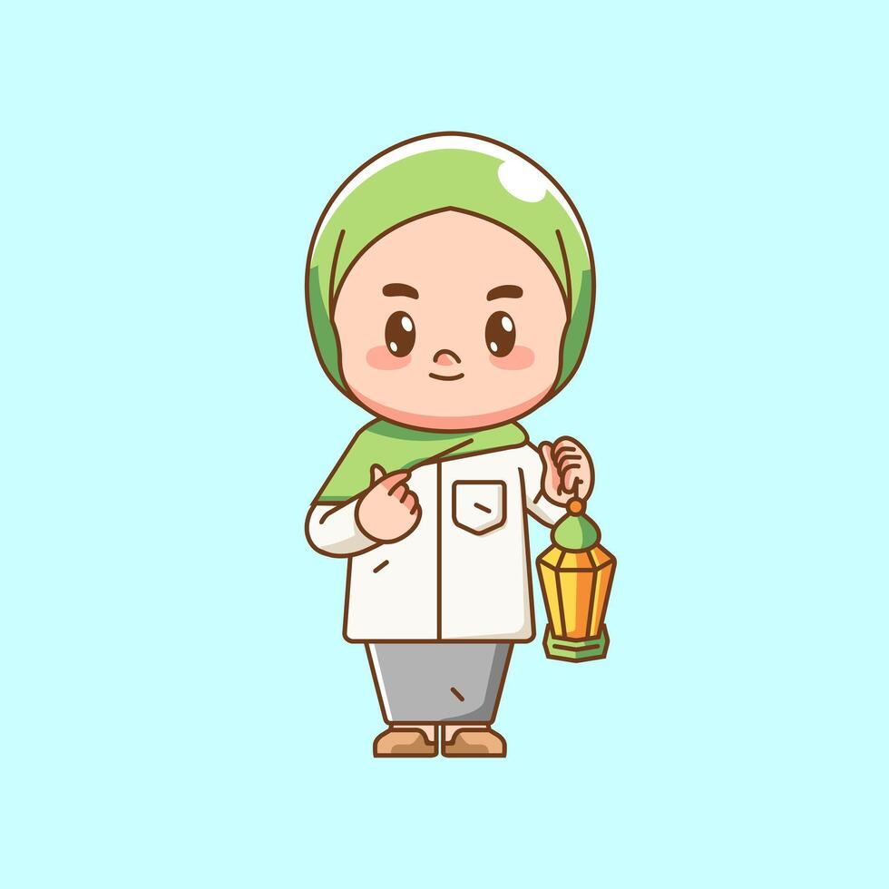 Cute muslim girl hold lantern kawaii chibi character mascot illustration outline style design vector