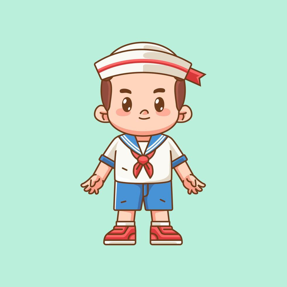Cute boy wear sailor uniform read notebook kawaii chibi character mascot illustration outline style design vector