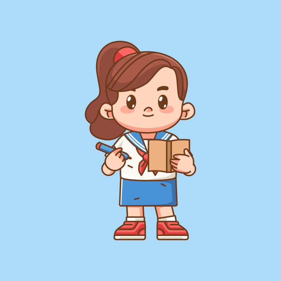 Cute girl wear sailor uniform taking note kawaii chibi character mascot illustration vector