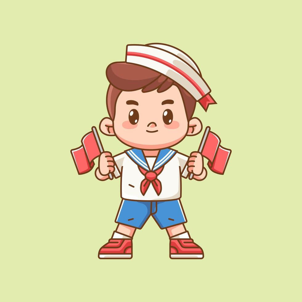 Cute boy wear sailor uniform hold two flag kawaii chibi character mascot illustration vector