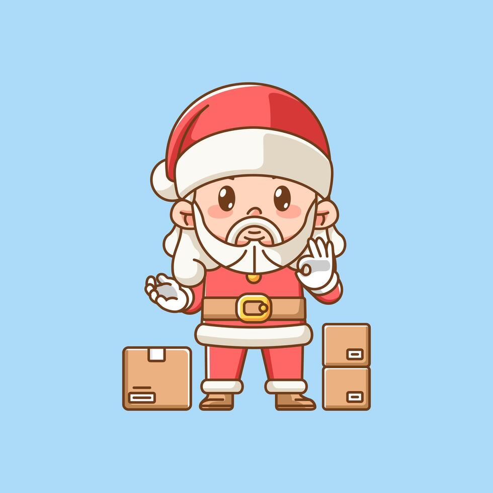 Cute santa claus deliver packet kawaii chibi character mascot illustration outline style design vector
