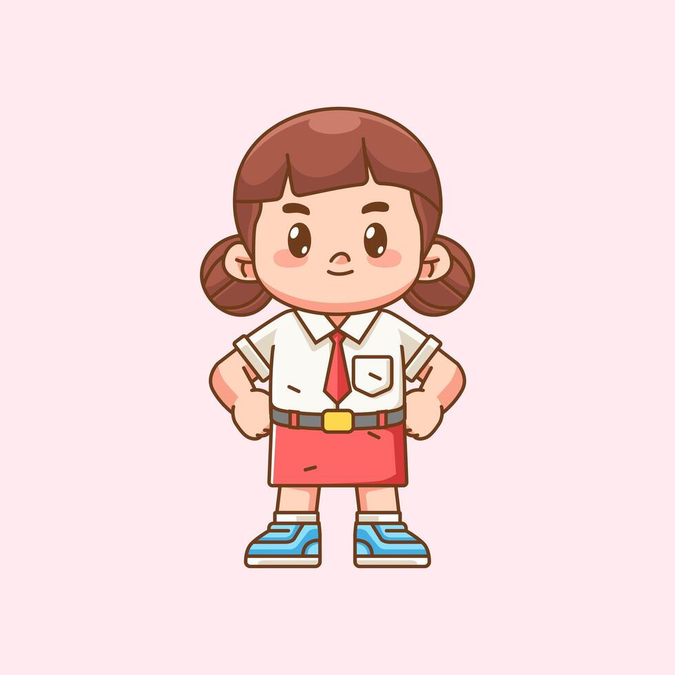 Cute girl Indonesian student elementary school standing pose kawaii chibi character mascot illustration vector