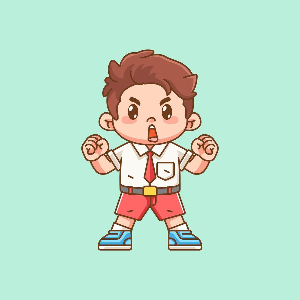 Cute boy Indonesian student elementary school cheer shout kawaii chibi character mascot illustration vector