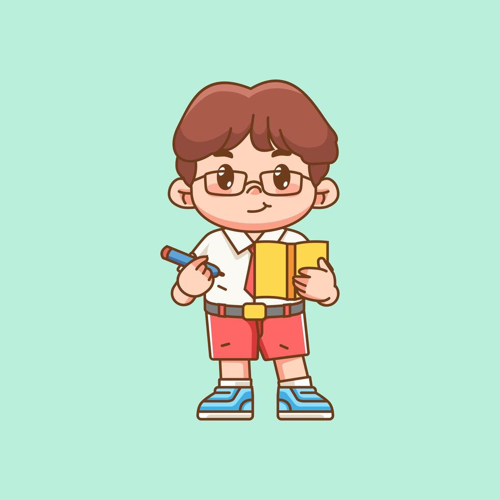 Cute boy Indonesian student elementary school take notes kawaii chibi character mascot illustration vector