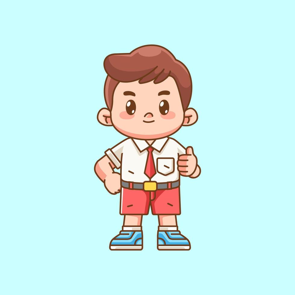 Cute boy Indonesian student elementary school thumbs up kawaii chibi character mascot illustration vector