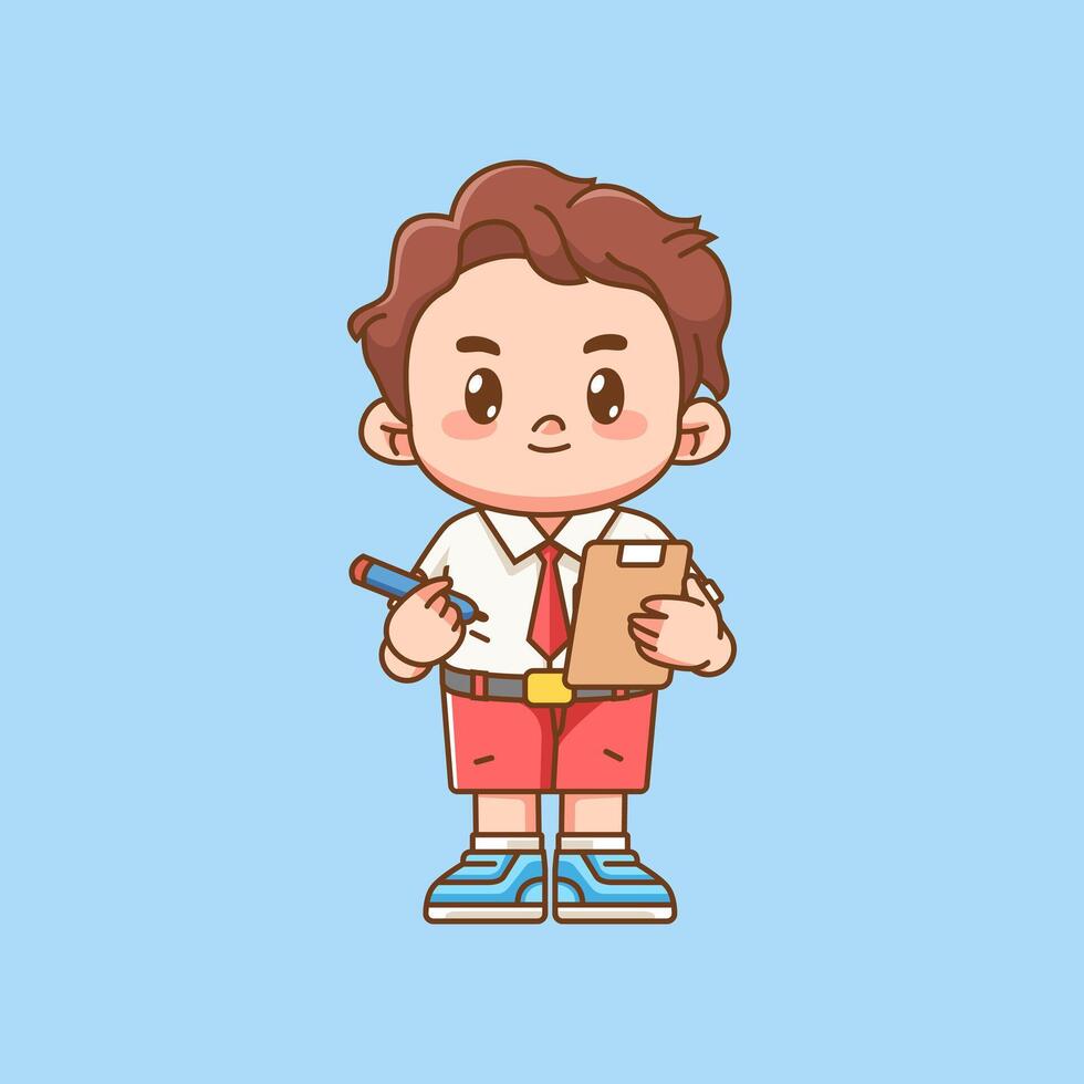 Cute boy Indonesian student elementary school write notes kawaii chibi character mascot illustration vector