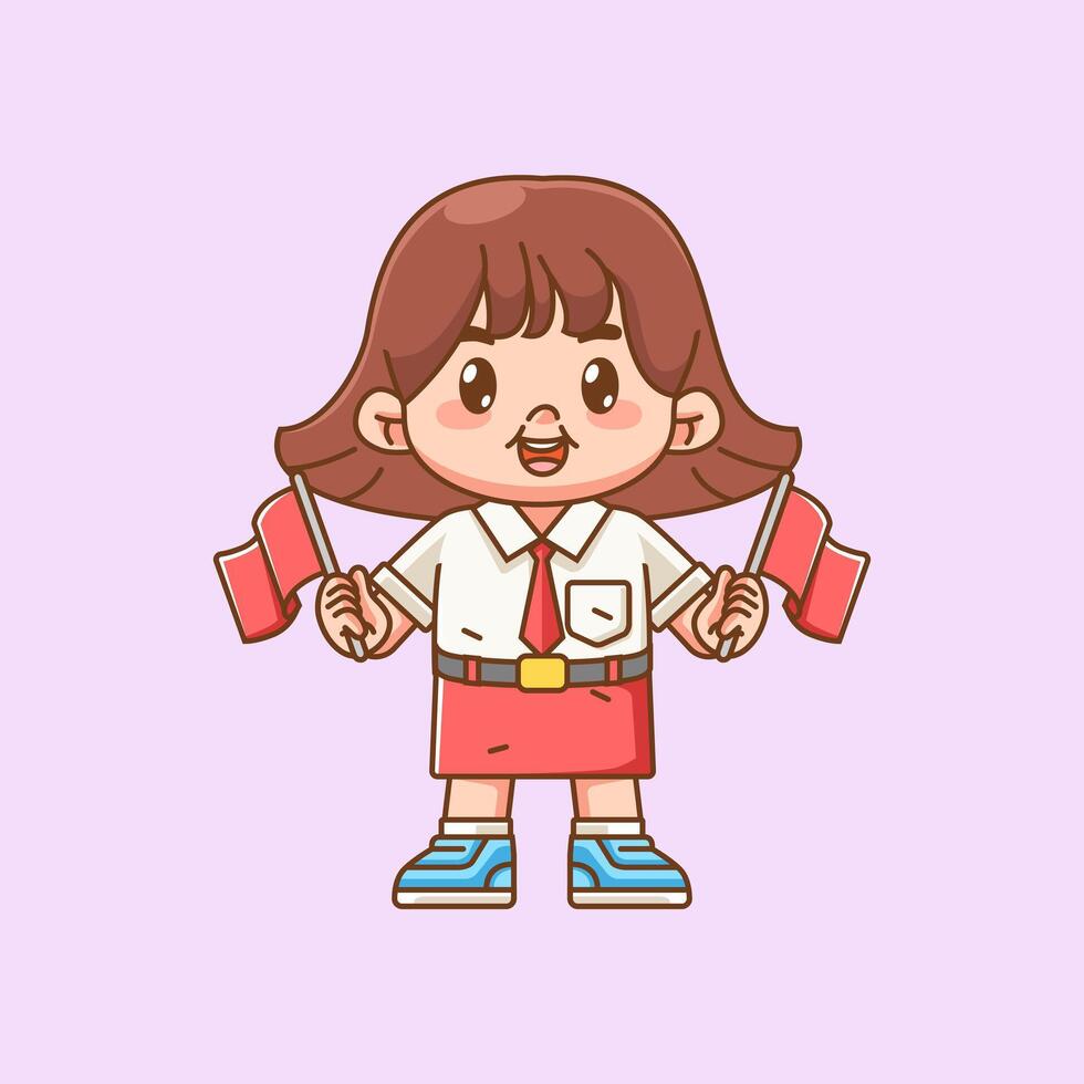 Cute girl Indonesian student elementary school hold two flag kawaii chibi character mascot illustration vector