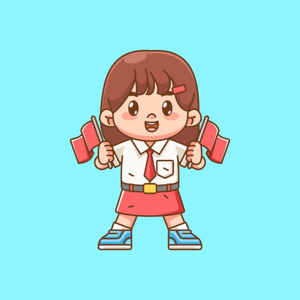 Cute girl Indonesian student elementary school cheer hold two flag kawaii chibi character mascot illustration vector