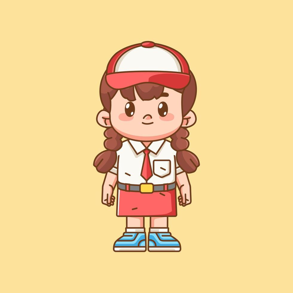 Cute girl Indonesian student elementary school stand kawaii chibi character mascot illustration vector