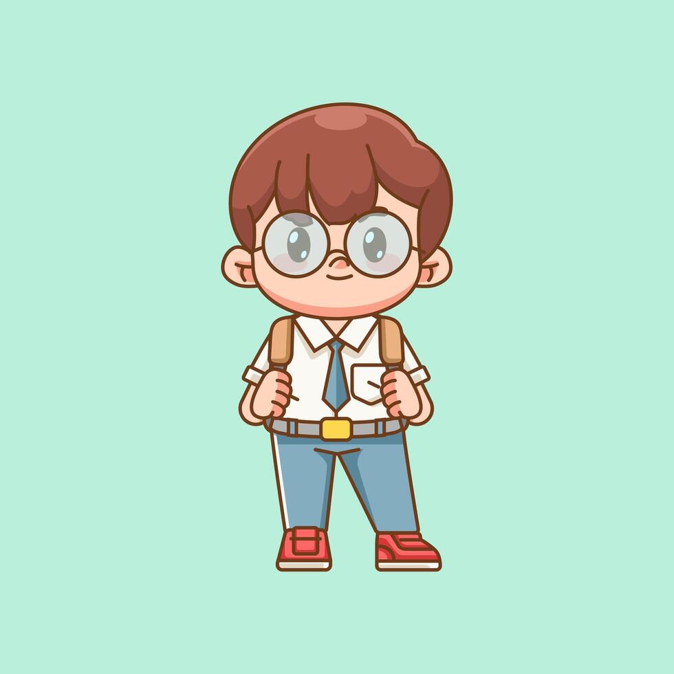 Cute boy Indonesian senior high school carrying backpack kawaii chibi character mascot illustration vector