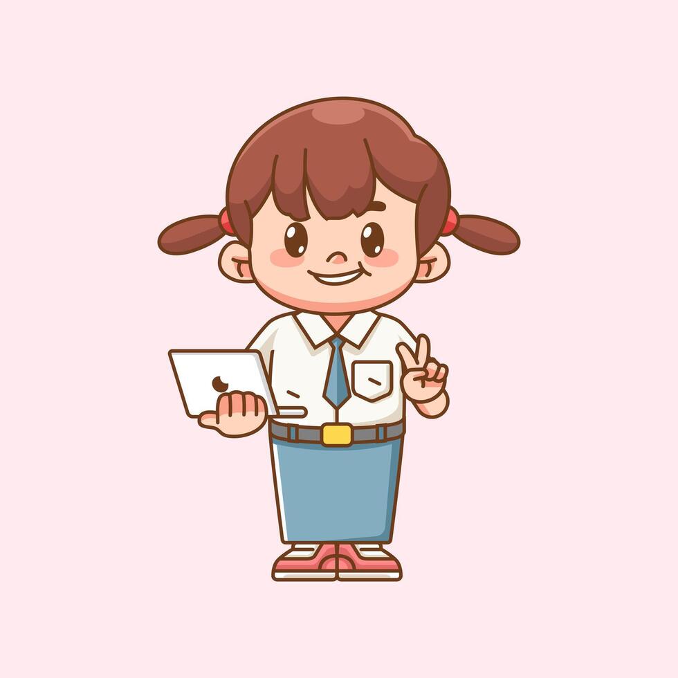 Cute girl Indonesian senior high school hold laptop kawaii chibi character mascot illustration vector