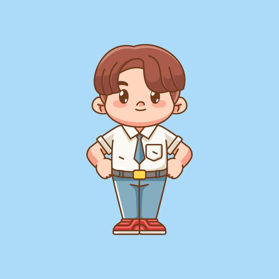 Cute boy Indonesian senior high school standing pose kawaii chibi character mascot illustration vector