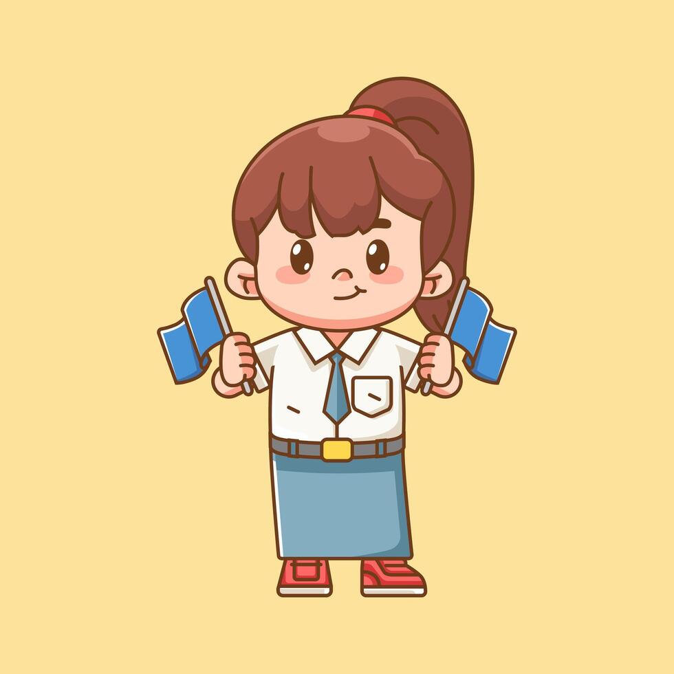 Cute girl Indonesian senior high school hold two flag kawaii chibi character mascot illustration vector