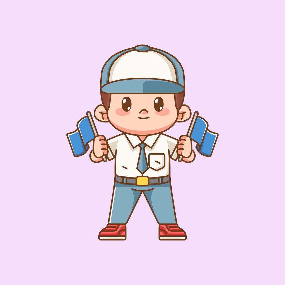 Cute boy Indonesian senior high school hold two flag kawaii chibi character mascot illustration vector