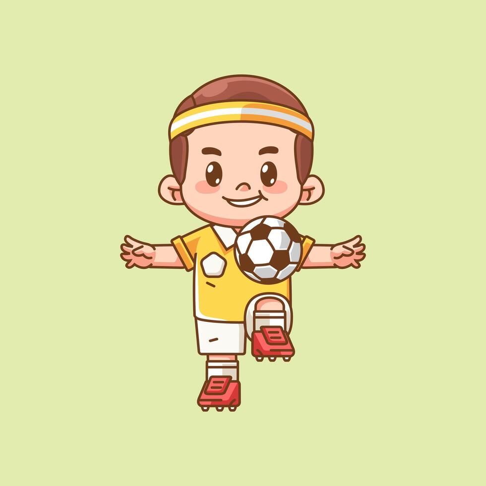Cute soccer player herd ball kawaii chibi character mascot illustration outline style design vector