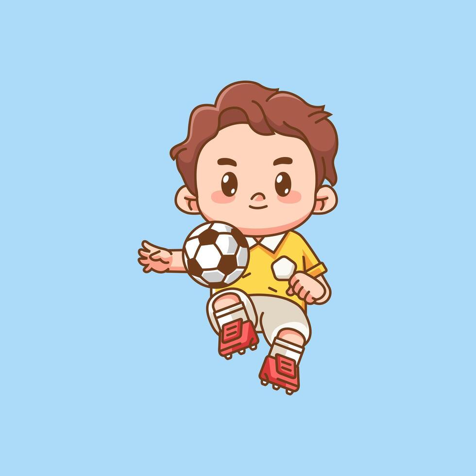 Cute soccer player herd ball on air kawaii chibi character mascot illustration outline style design vector