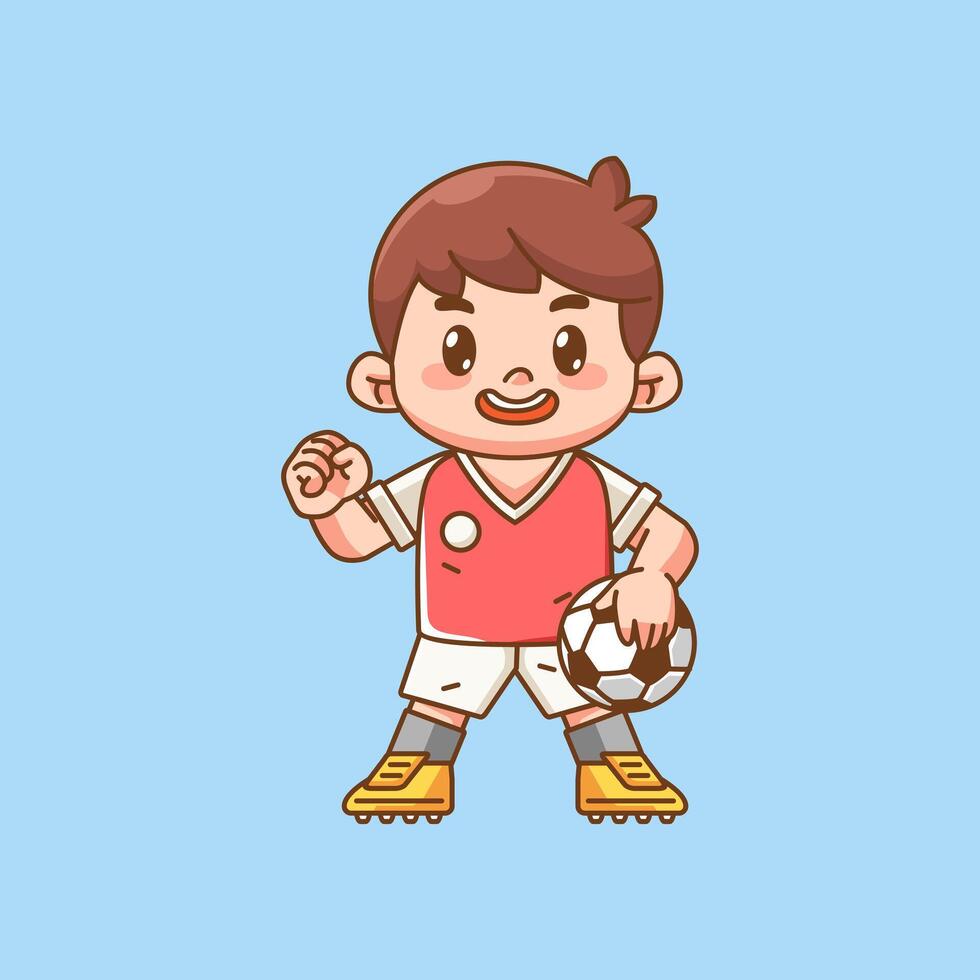 Cute soccer player exited cheer kawaii chibi character mascot illustration outline style design vector