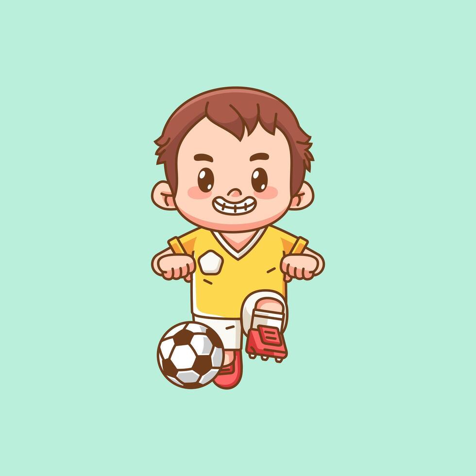 Cute soccer player dancing with ball kawaii chibi character mascot illustration outline style design vector