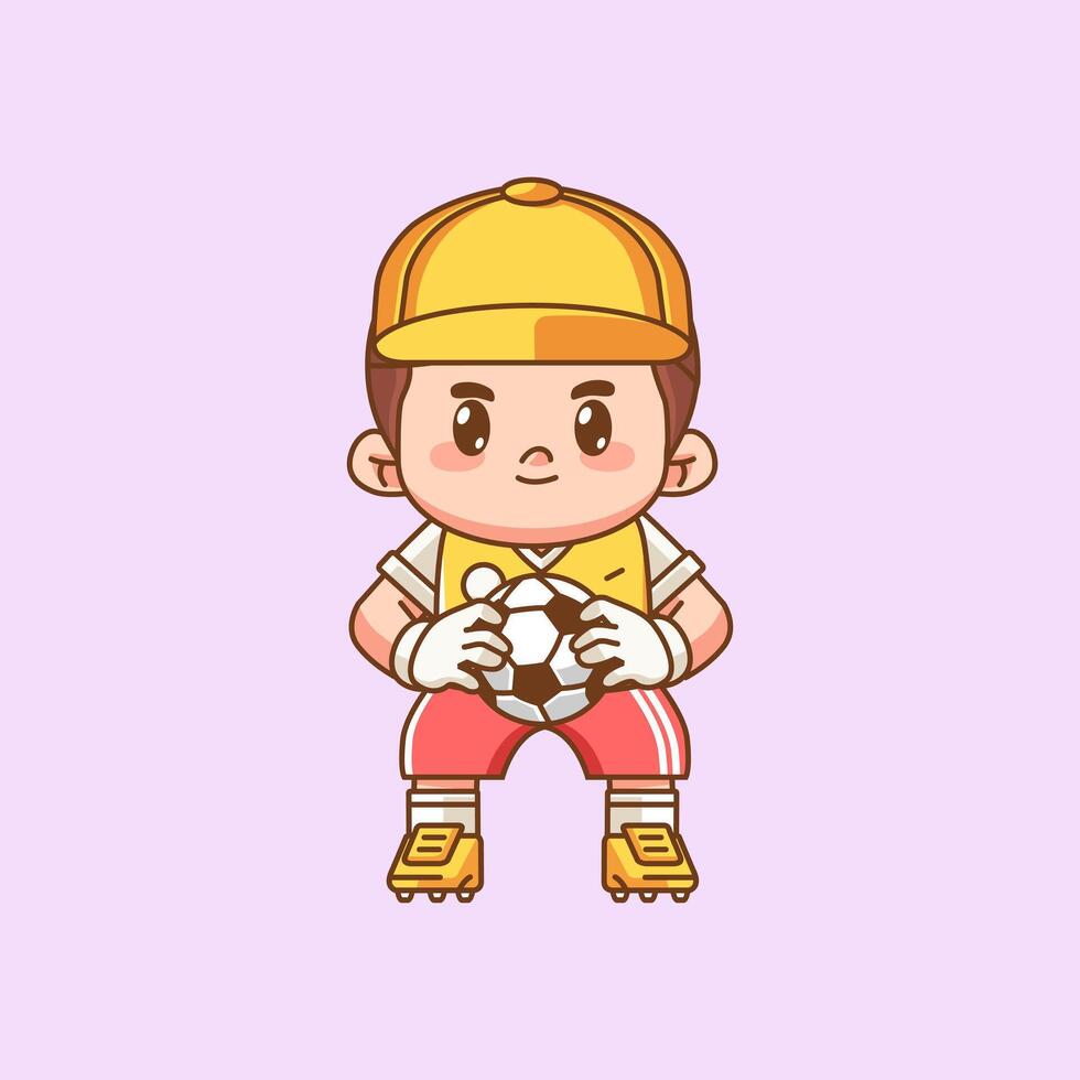 Cute goalkeeper catch ball kawaii chibi character mascot illustration outline style design vector