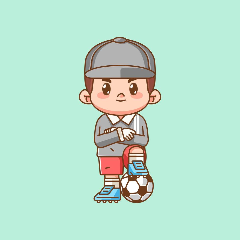 Cute goalkeeper soccer pose kawaii chibi character mascot illustration outline style design vector