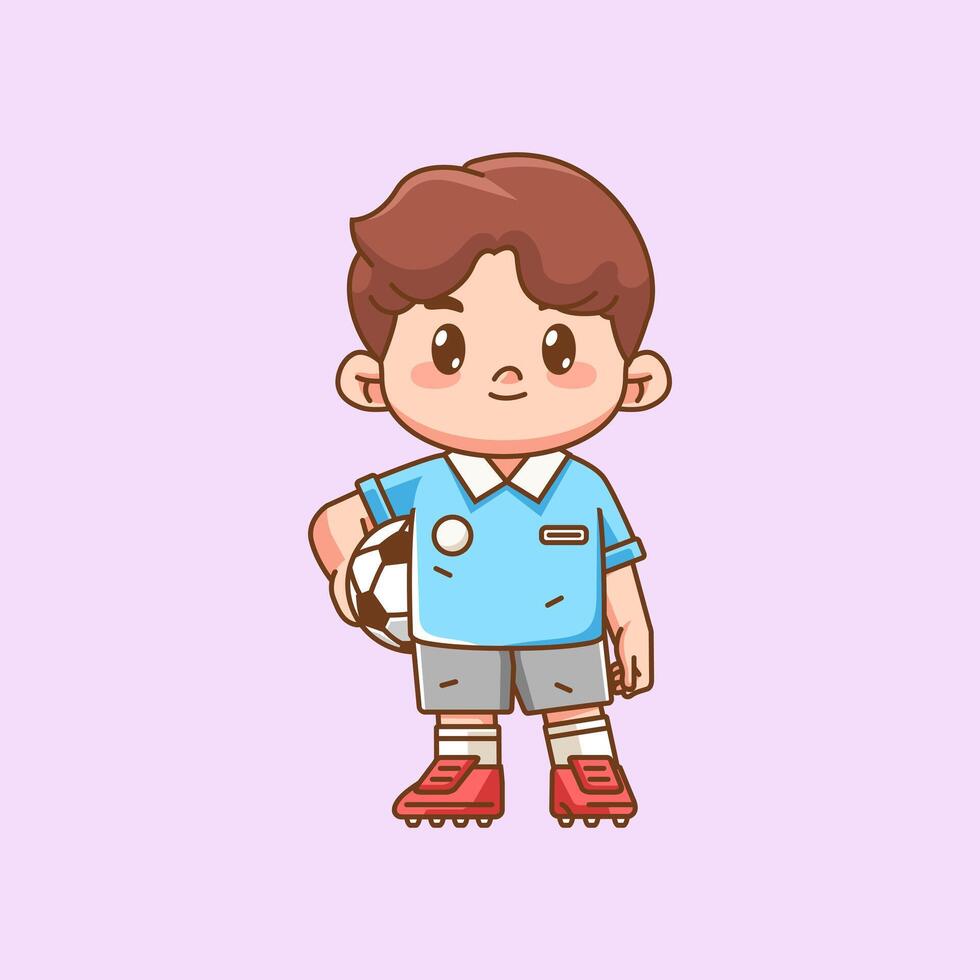 Cute soccer player holding ball kawaii chibi character mascot illustration outline style design vector