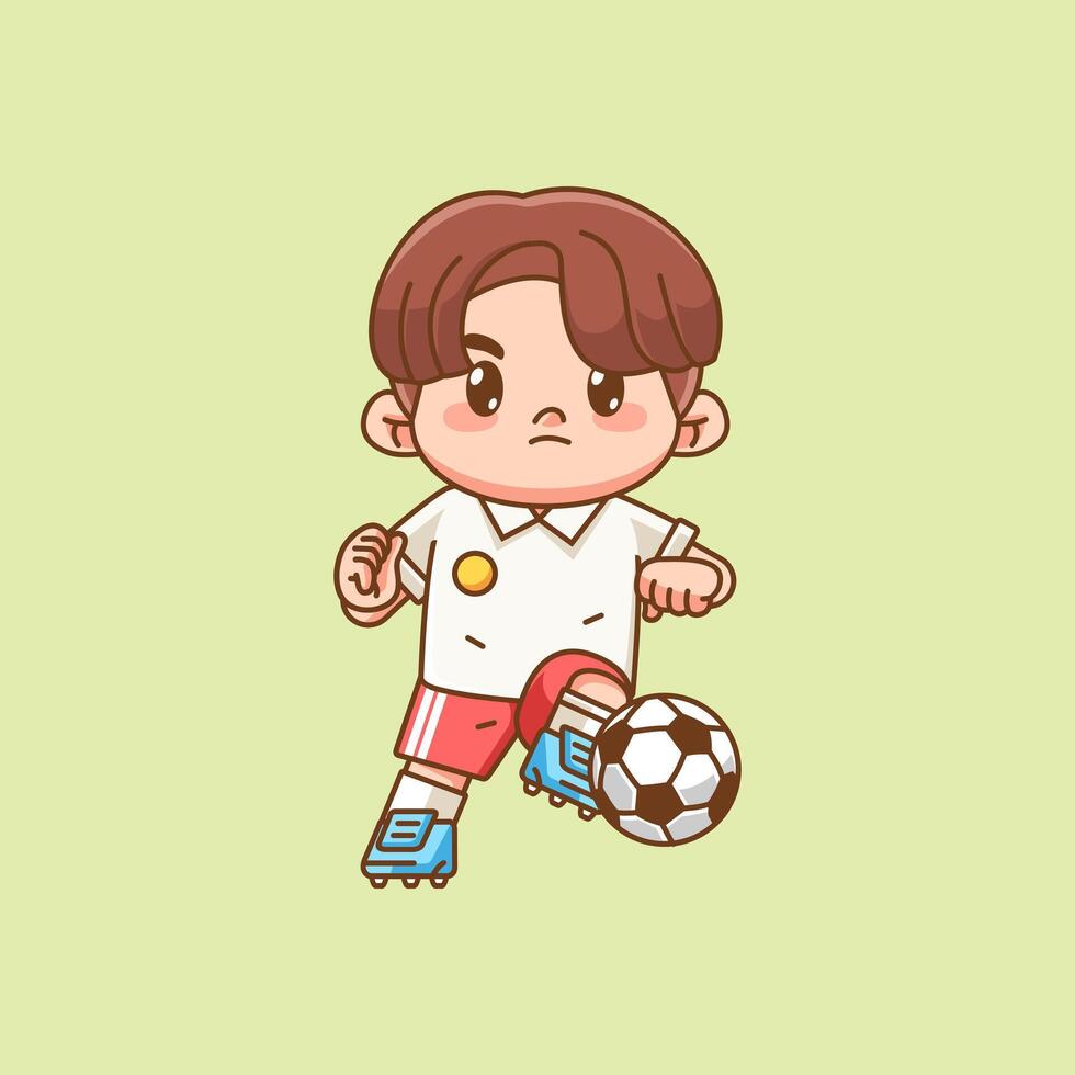 Cute soccer player herding ball kawaii chibi character mascot illustration outline style design vector