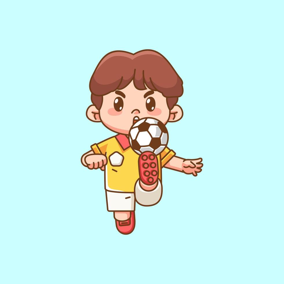 Cute soccer player kick ball kawaii chibi character mascot illustration outline style design vector