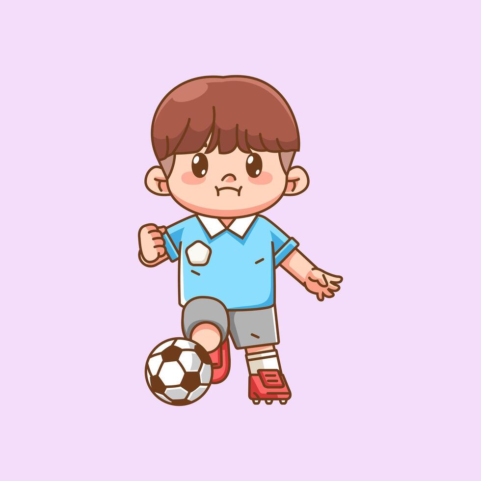 Cute soccer player play ball kawaii chibi character mascot illustration outline style design vector