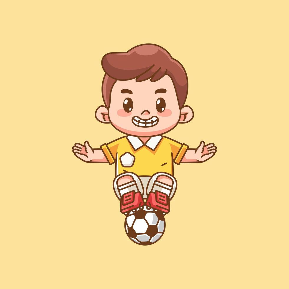Cute soccer player ride ball kawaii chibi character mascot illustration outline style design vector