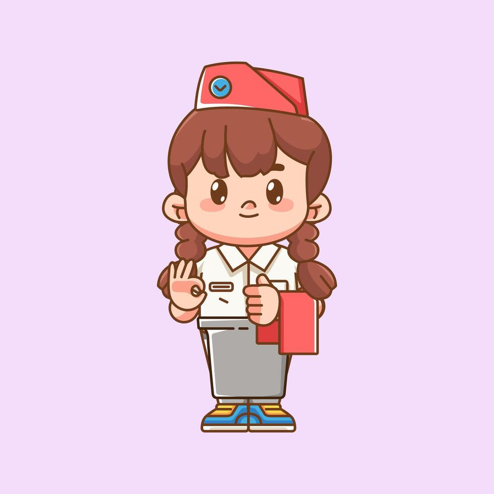 Cute girl waiter serve customer kawaii chibi character mascot illustration outline style design vector