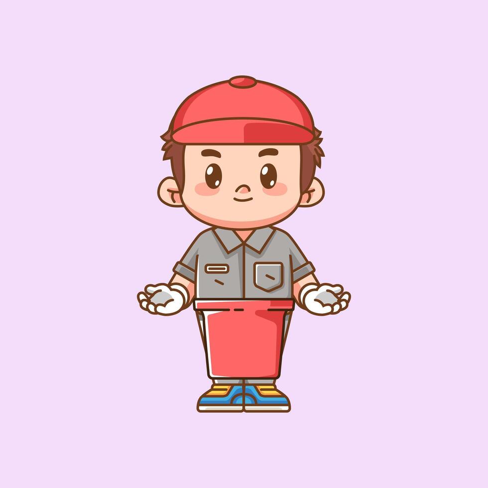 Cute waiter welcome to customer kawaii chibi character mascot illustration outline style design vector