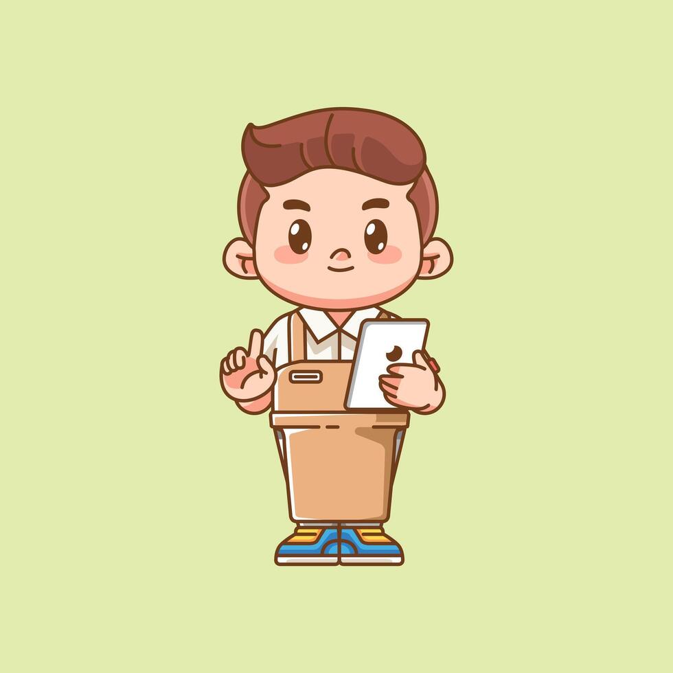 Cute waiter take order on tablet kawaii chibi character mascot illustration outline style design vector