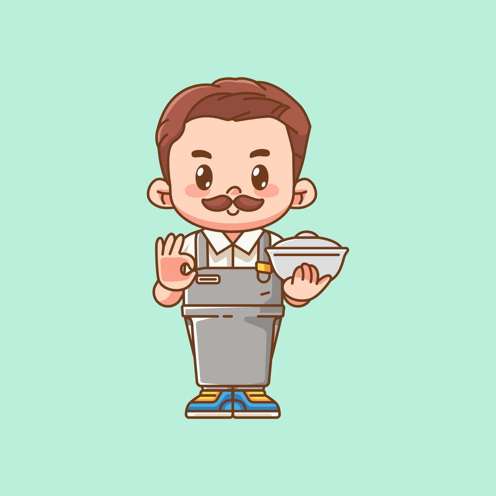 Cute waiter serve bowl kawaii chibi character mascot illustration outline style design vector