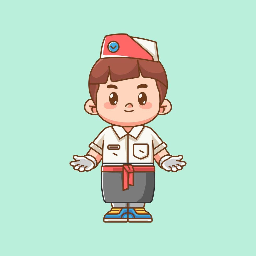 Cute waiter welcome customer kawaii chibi character mascot illustration outline style design vector